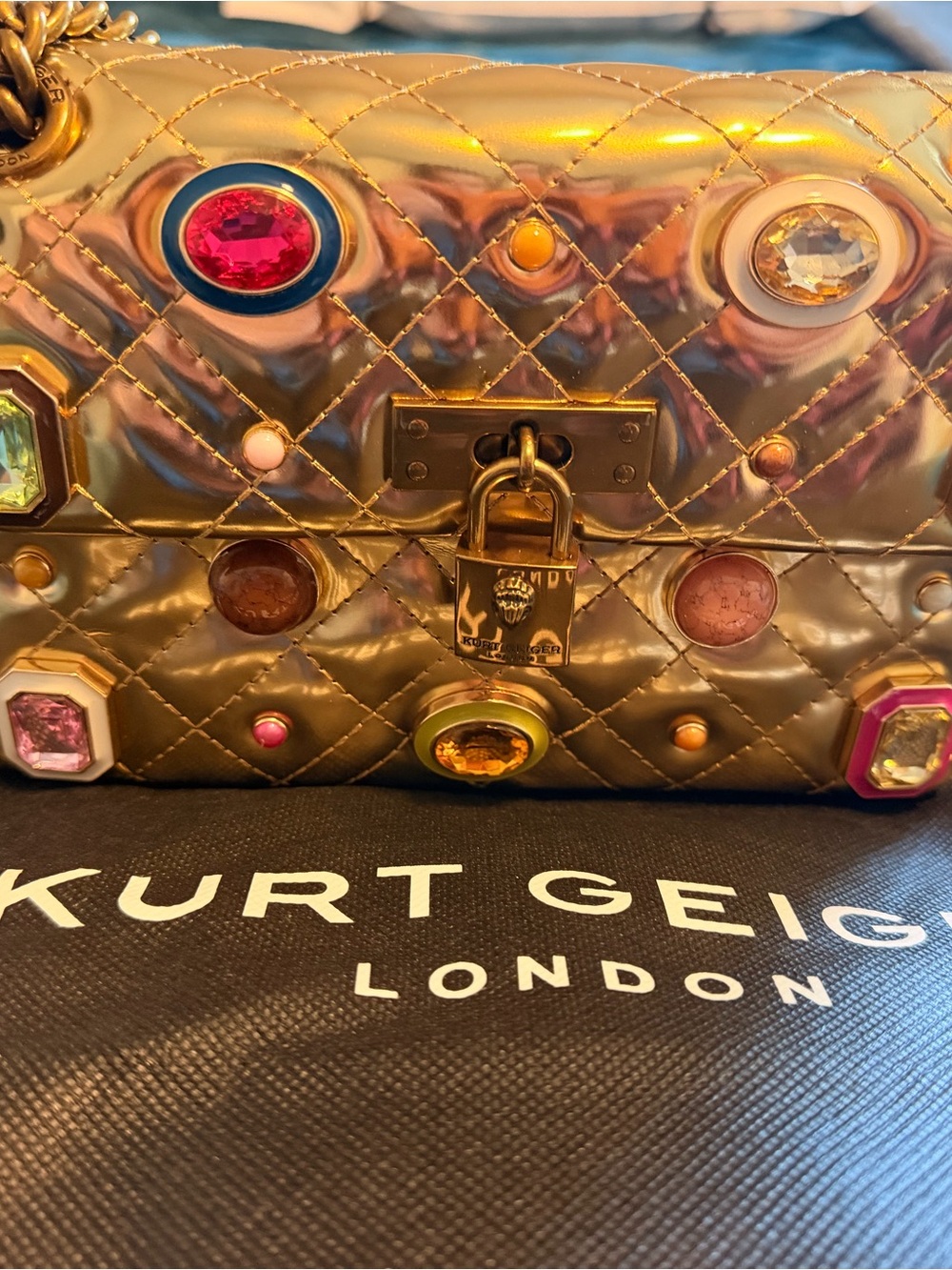 Kurt Geiger Gold Quilted Jewel-Embellished Shoulder Bag